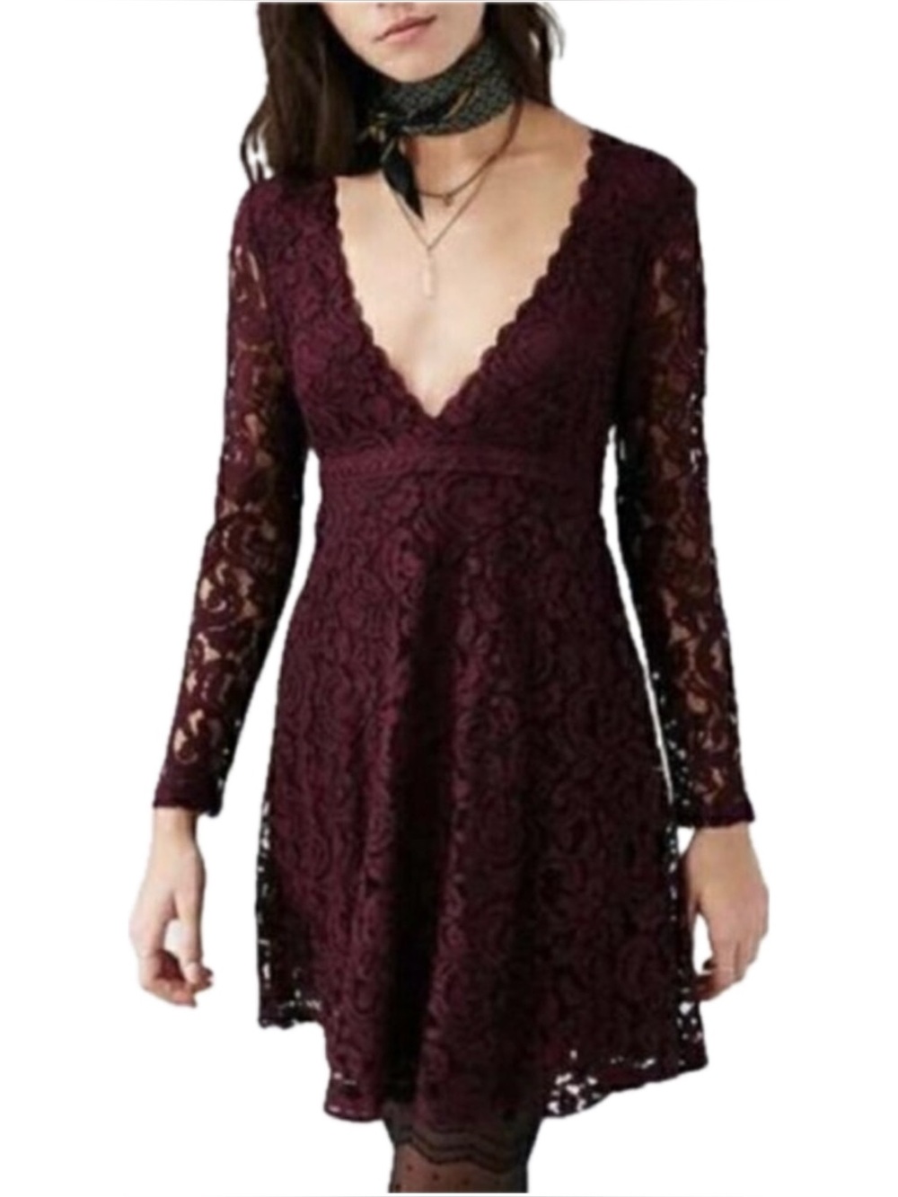 Altar’d State Calysta Lace Long Sleeve Dress in Burgundy
